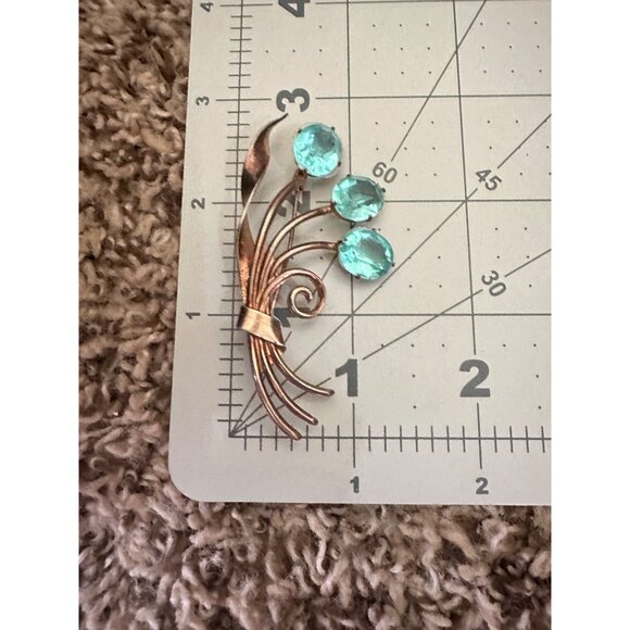 Jay Kel rose gold vermeil sterling silver aqua blue glass rhinestones brooch pin - Picture 10 of 11